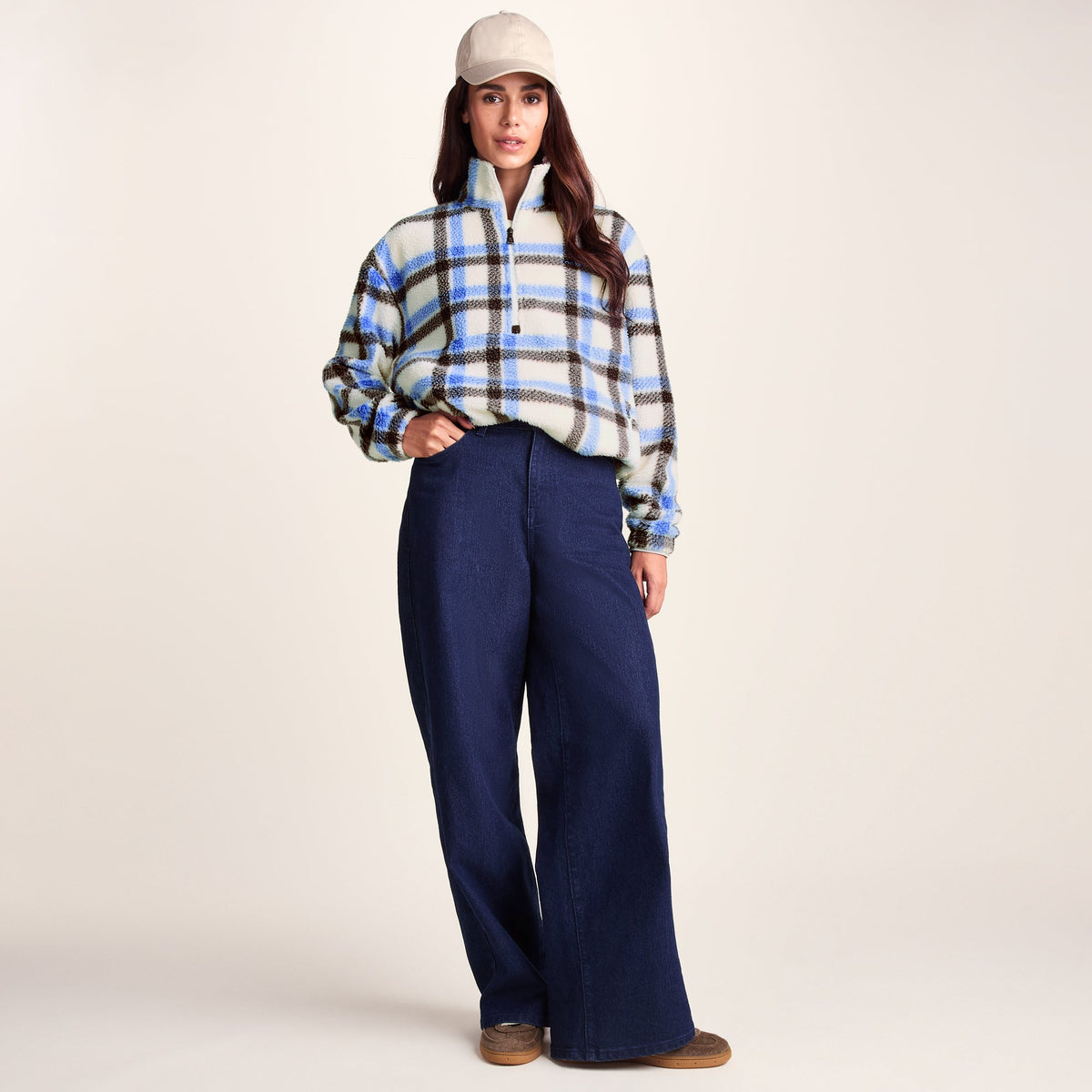 Sara Womens Relaxed Fit Sherpa Fleece Zip Neck - Cobalt & Brown Check - Image 9