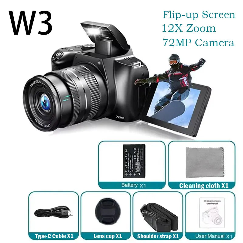 Digital Camera 4K 72MP with 12X Optical Zoom - Flip-up Screen W3