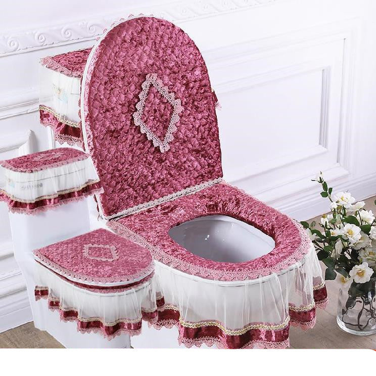 3-Piece Zippered Toilet Seat Cover Set - Rose Red