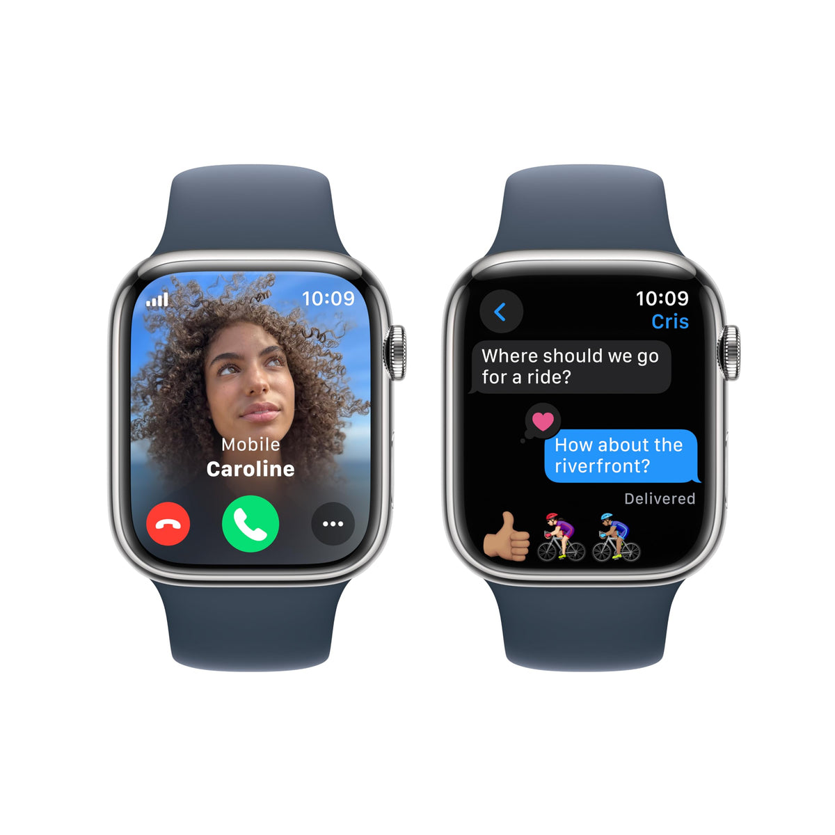Apple Watch Series 9 GPS + Cellular 45mm Silver Stainless Case with Storm Blue Sport Band - M/L - MRMP3LL/A - Image 4