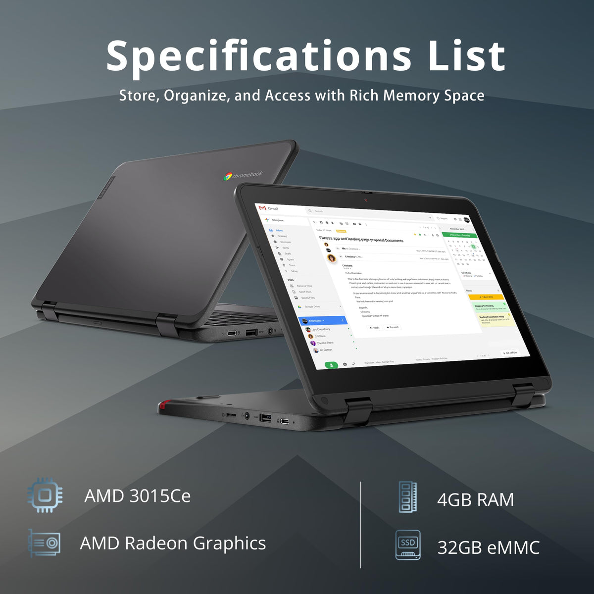 Lenovo 300e Chromebook Gen 3 - HD Touch - AMD 3015Ce - 4GB RAM - 32GB SSD - Gray - 82JAS03X00 - Image 2