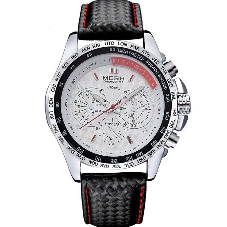3ATM Waterproof Luxury Men's Leather Strap Quartz Watch - White Face