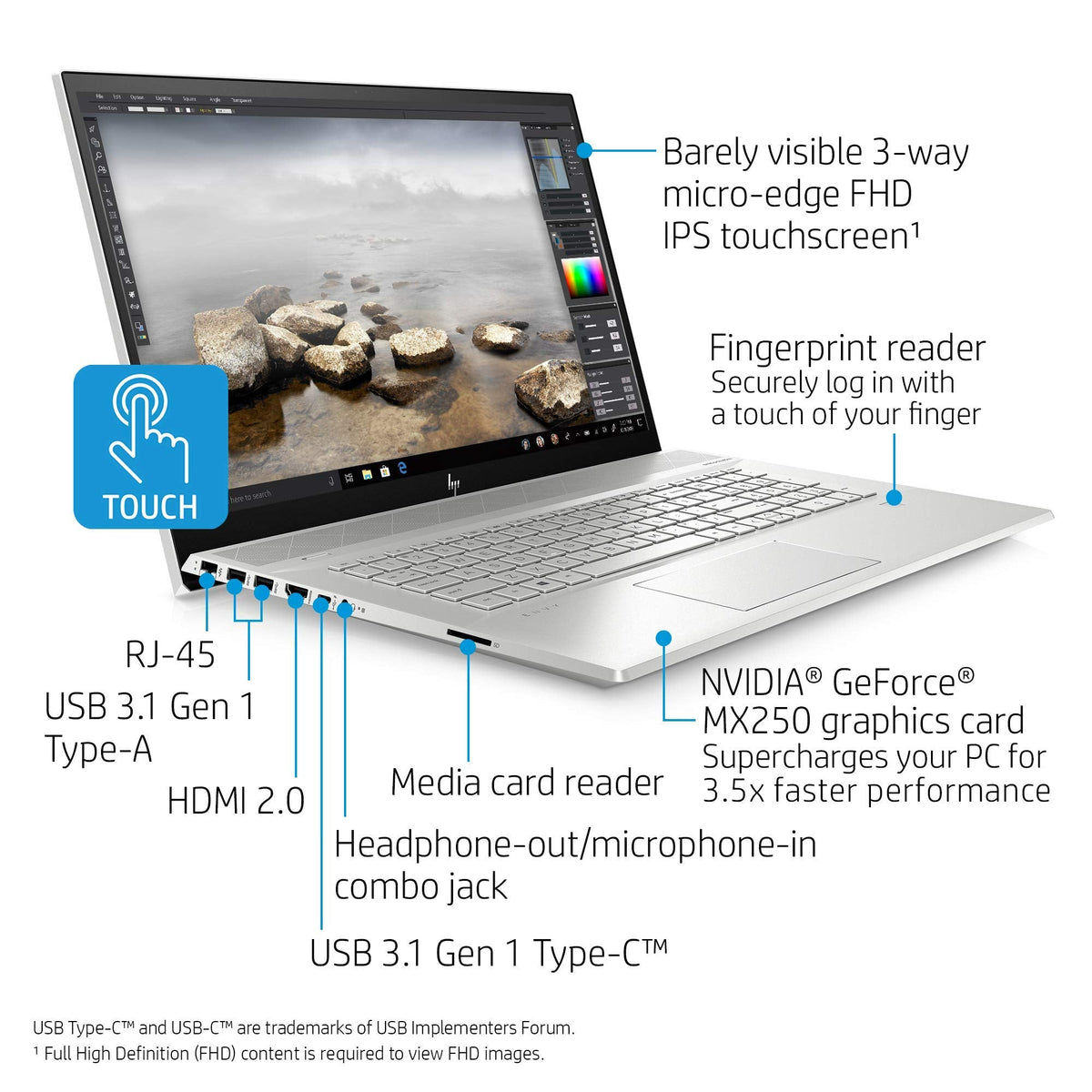 HP Envy - FHD Touch - i7-10510U - 12GB RAM - MX250 - 1TB HDD / 128GB SSD - Silver - Image 3