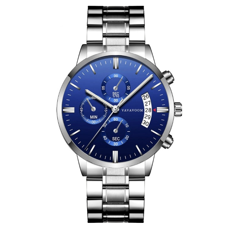 Men's Stainless Steel Business Waterproof Quartz Watch - G001 Blue Silver Chain