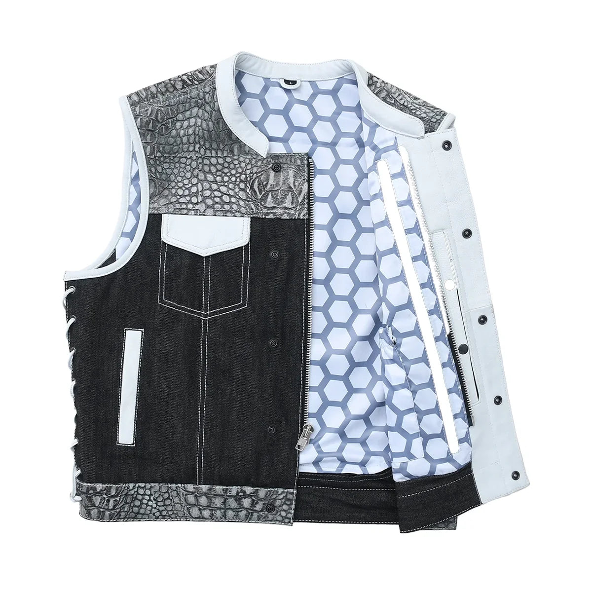 Road Cartel - Men’s Croc Texture Leather/Denim Motorcycle Vest