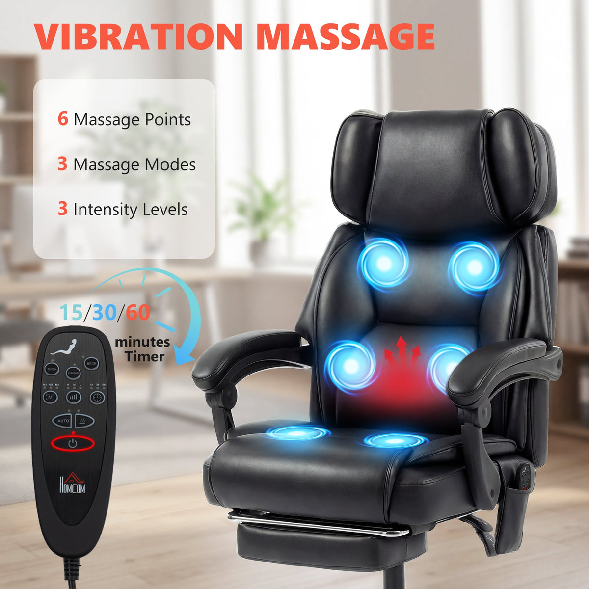 High Back Vibration Massage Office Chair with Heat, Reclining Back & Footrest - Image 2