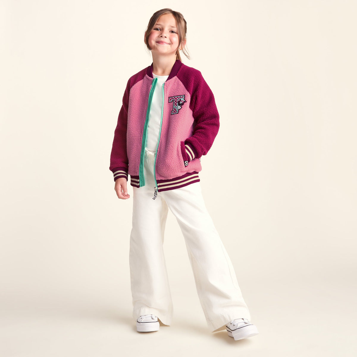 Aberfield Shaun the Sheep Kids Sherpa Varsity Bomber Jacket - Candy Floss/Beetroot Red - Image 2