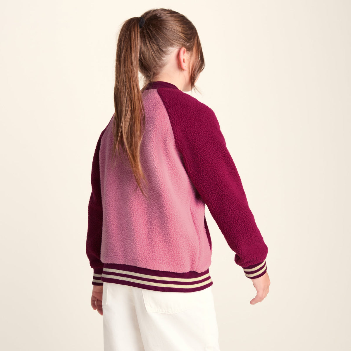 Aberfield Shaun the Sheep Kids Sherpa Varsity Bomber Jacket - Candy Floss/Beetroot Red - Image 3