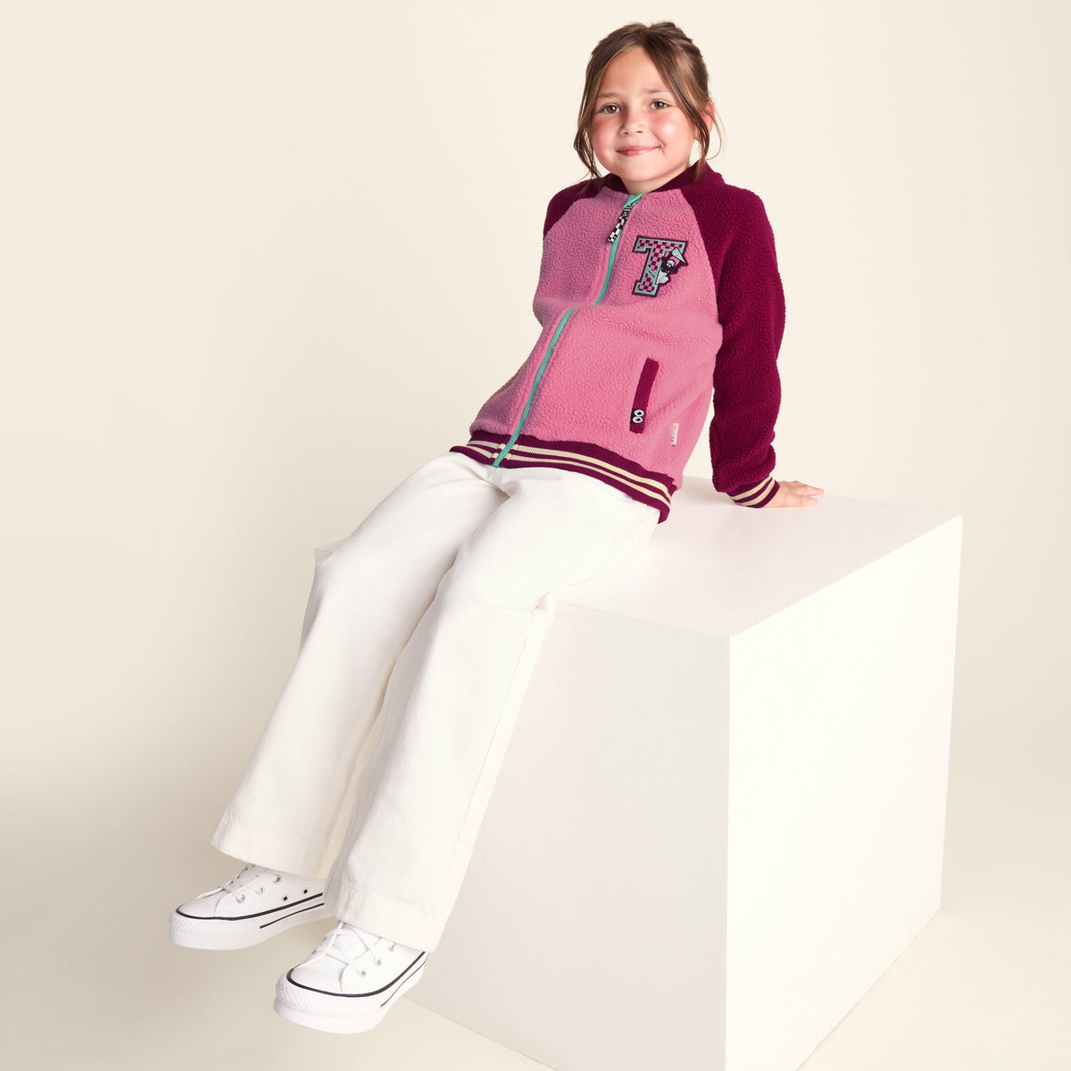 Aberfield Shaun the Sheep Kids Sherpa Varsity Bomber Jacket - Candy Floss/Beetroot Red - Image 4