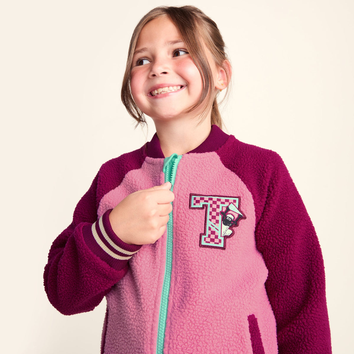 Aberfield Shaun the Sheep Kids Sherpa Varsity Bomber Jacket - Candy Floss/Beetroot Red - Image 5