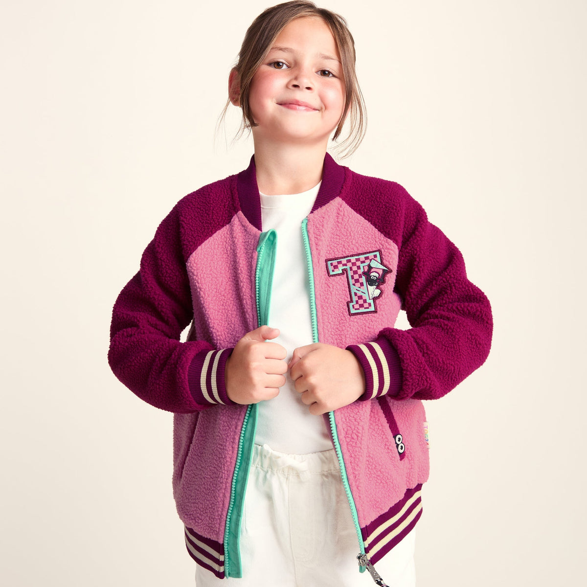 Aberfield Shaun the Sheep Kids Sherpa Varsity Bomber Jacket - Candy Floss/Beetroot Red - Image 7