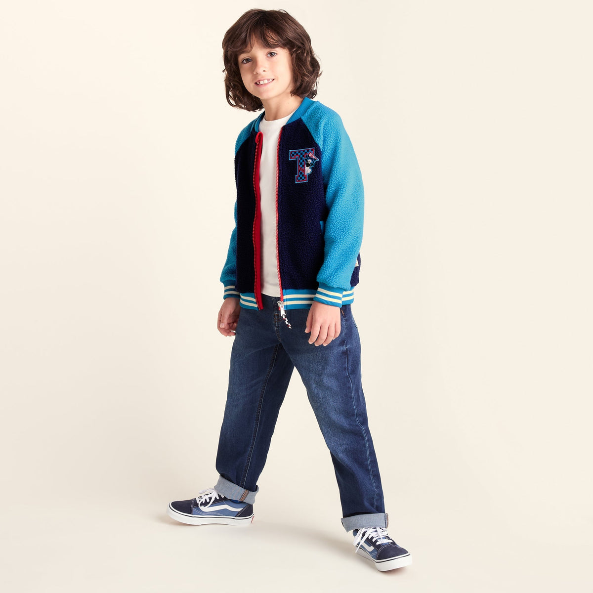 Aberfield Shaun the Sheep Kids Sherpa Varsity Bomber Jacket - Night Blue/Bondi Blue - Image 2
