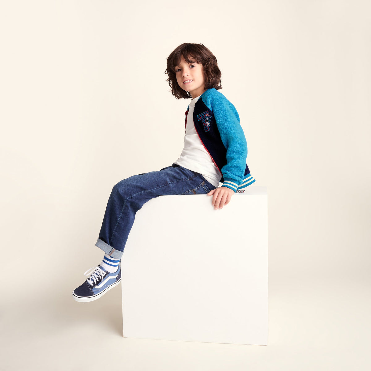 Aberfield Shaun the Sheep Kids Sherpa Varsity Bomber Jacket - Night Blue/Bondi Blue - Image 4