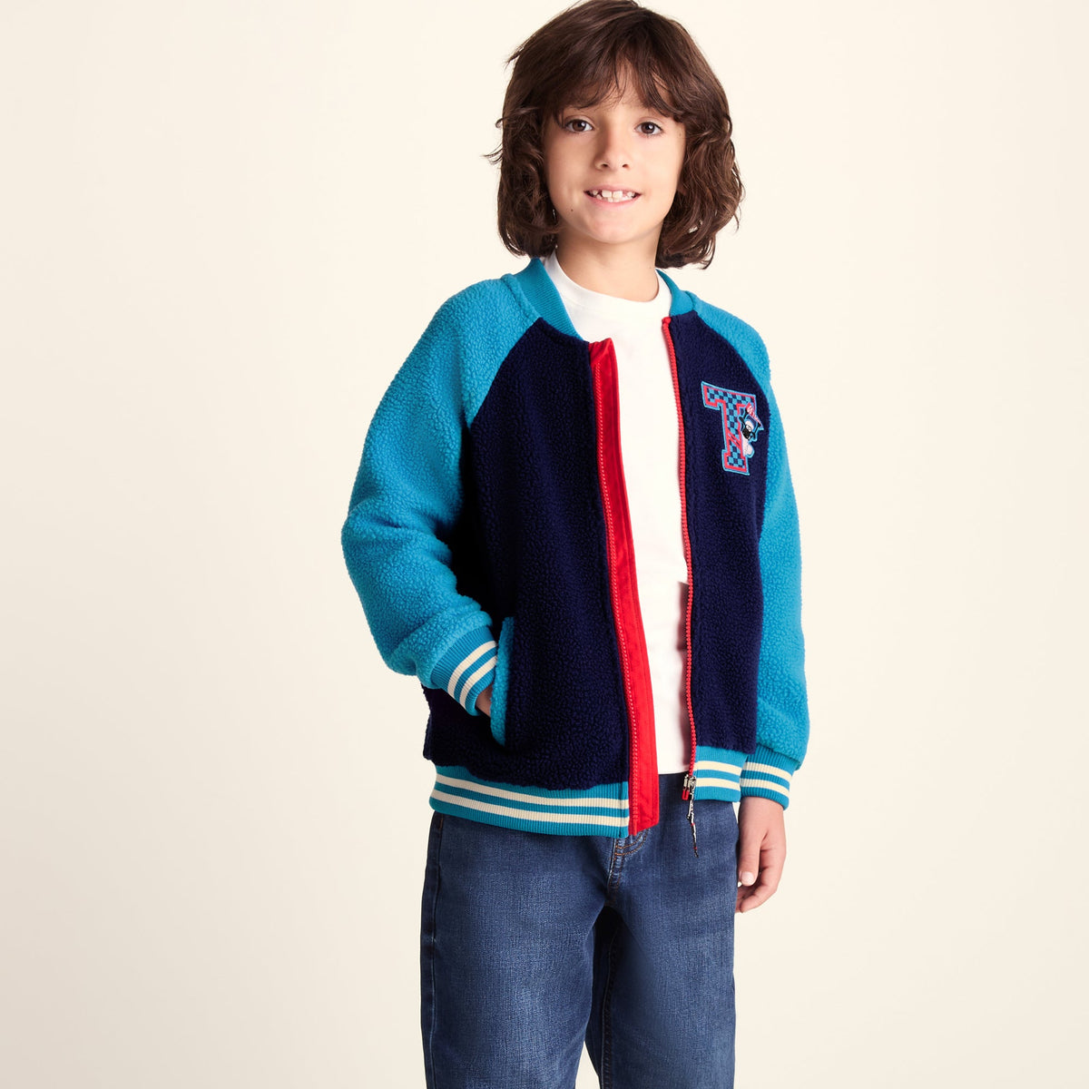 Aberfield Shaun the Sheep Kids Sherpa Varsity Bomber Jacket - Night Blue/Bondi Blue - Image 5