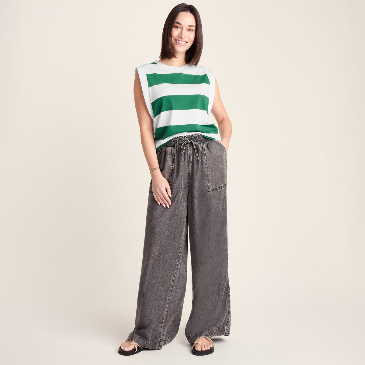 Aurelia Womens 100% Cotton Supersoft Boxy Fit Vest - Green Stripe - Image 3