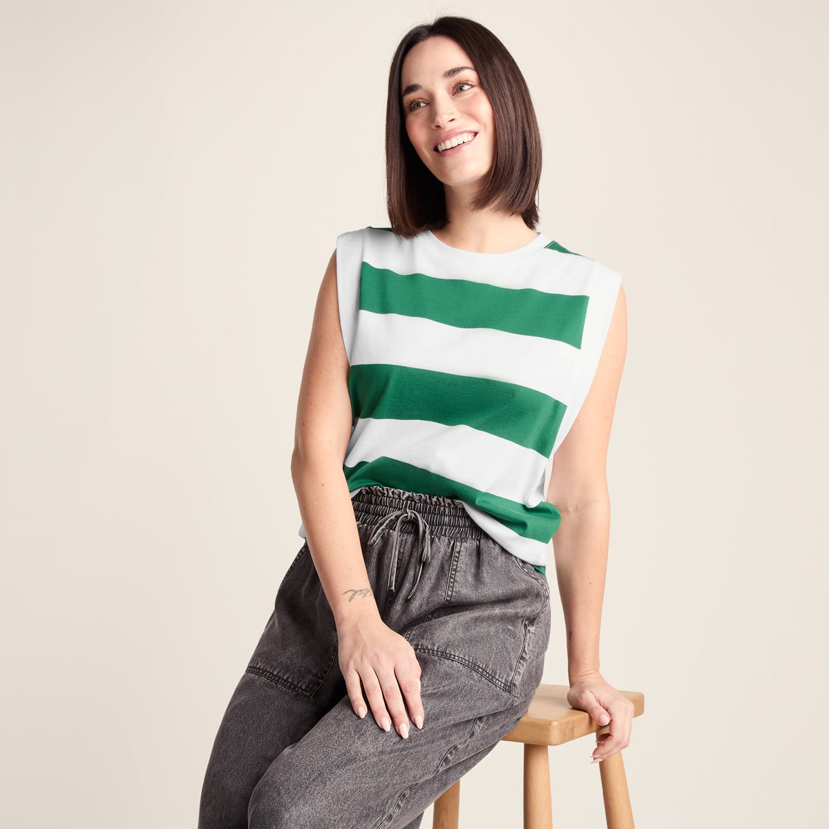 Aurelia Womens 100% Cotton Supersoft Boxy Fit Vest - Green Stripe - Image 5