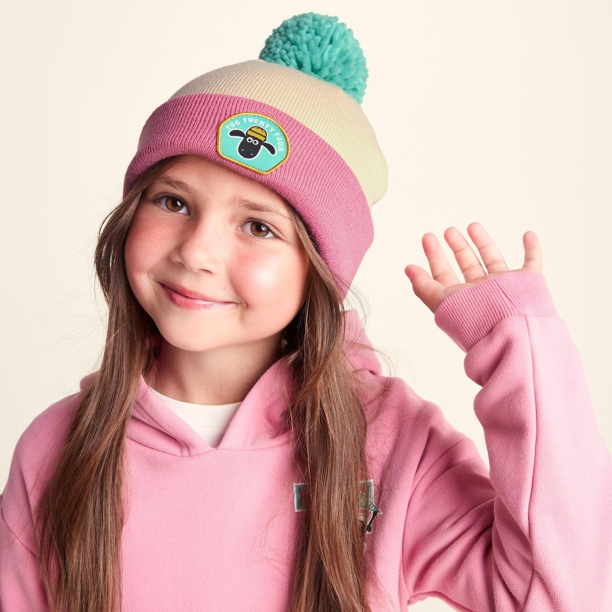 Beulah Shaun the Sheep Kids Knitted Beanie Pom Pom Hat - Woolly/Candyfloss - Image 3
