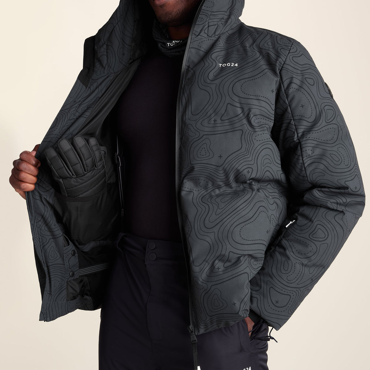 Davos Mens Shower Resistant Insulated Ski Jacket - Black Terrain Print - Image 17