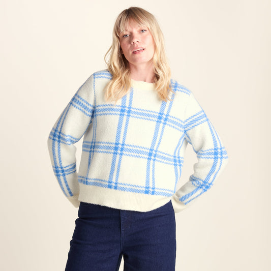 Delilah Womens Checked Chunky Knit Jumper - Vanilla & Cobalt Check