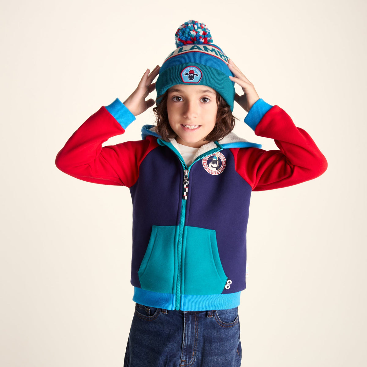 Herik Shaun the Sheep Kids Knitted Beanie Pom Pom Hat - Peacock Green/Bondi Blue - Image 2