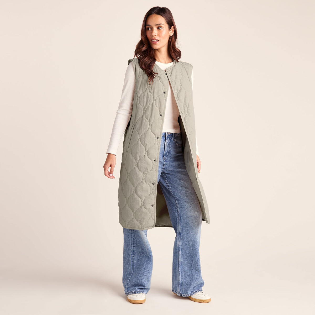 Jena Womens Relaxed Fit Long Insulated Gilet - Cool Beige - Image 3