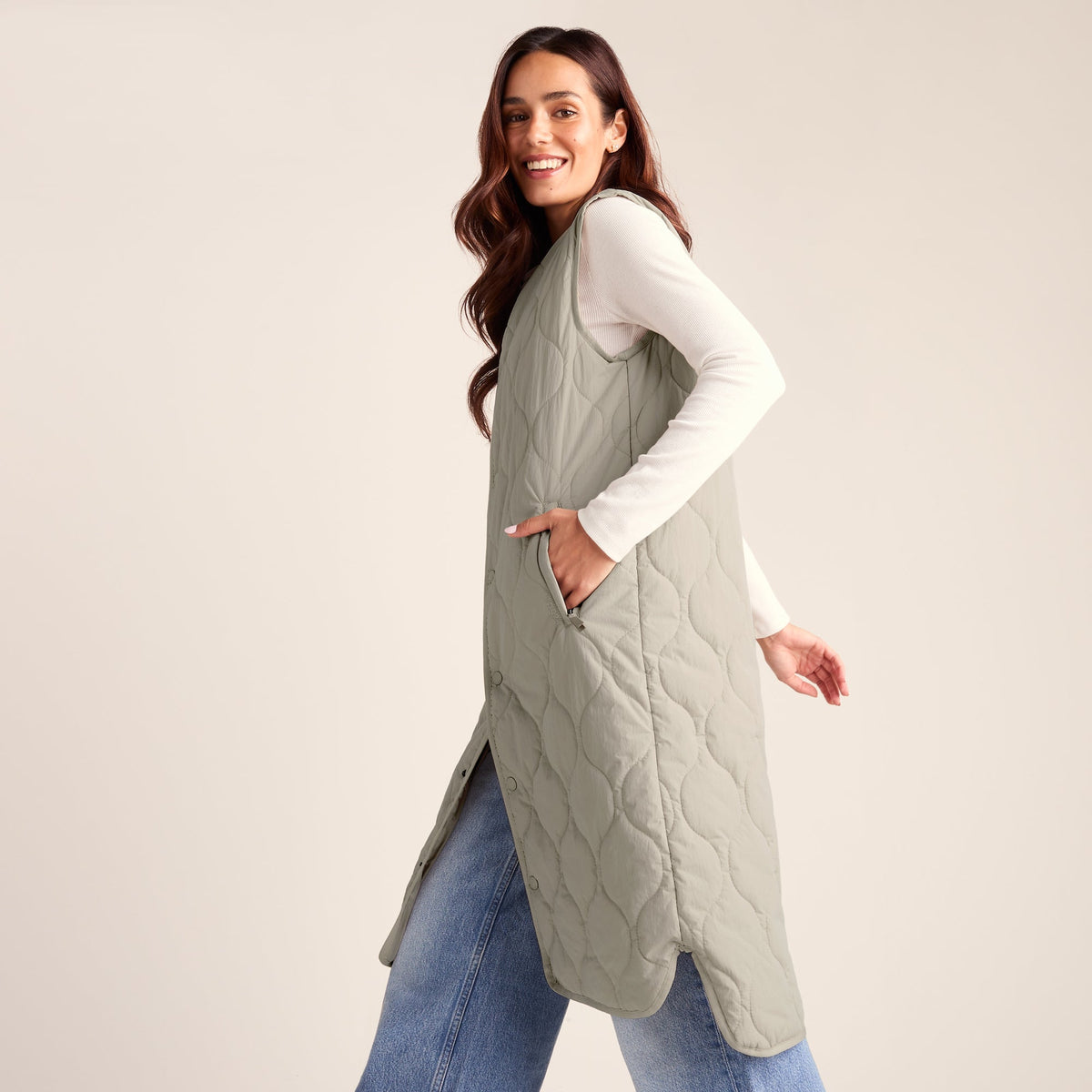 Jena Womens Relaxed Fit Long Insulated Gilet - Cool Beige - Image 6