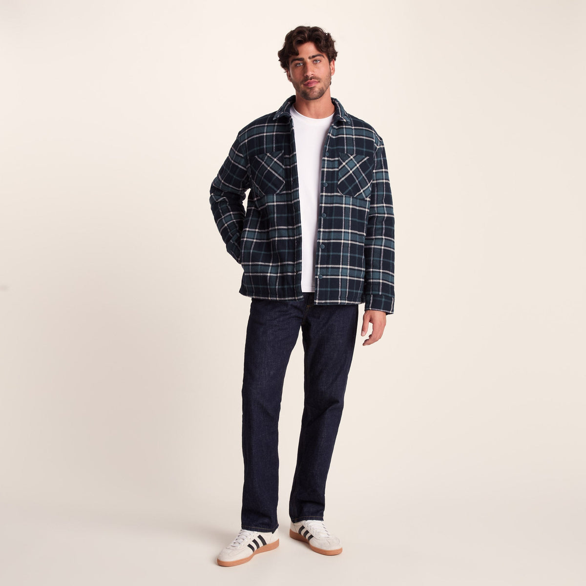 Kinsey Mens Quilted Flannel Shacket - Dark Indigo Check - Image 3