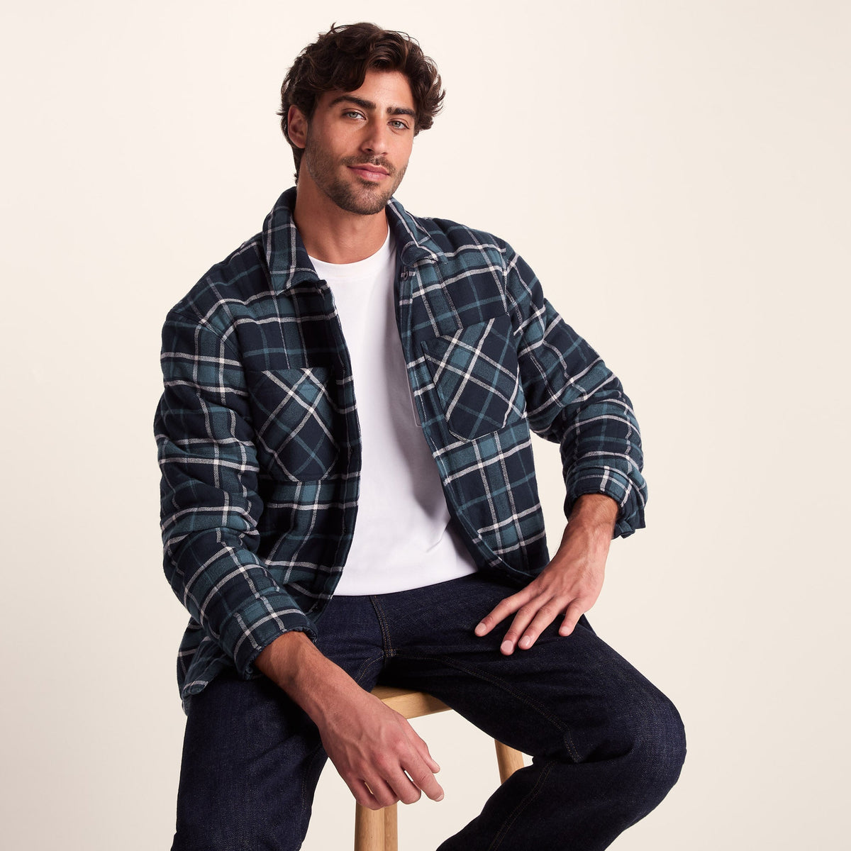 Kinsey Mens Quilted Flannel Shacket - Dark Indigo Check - Image 2