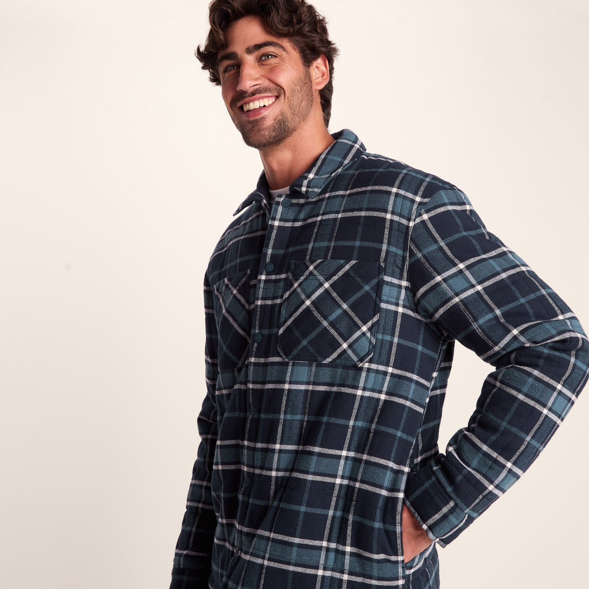 Kinsey Mens Quilted Flannel Shacket - Dark Indigo Check - Image 6