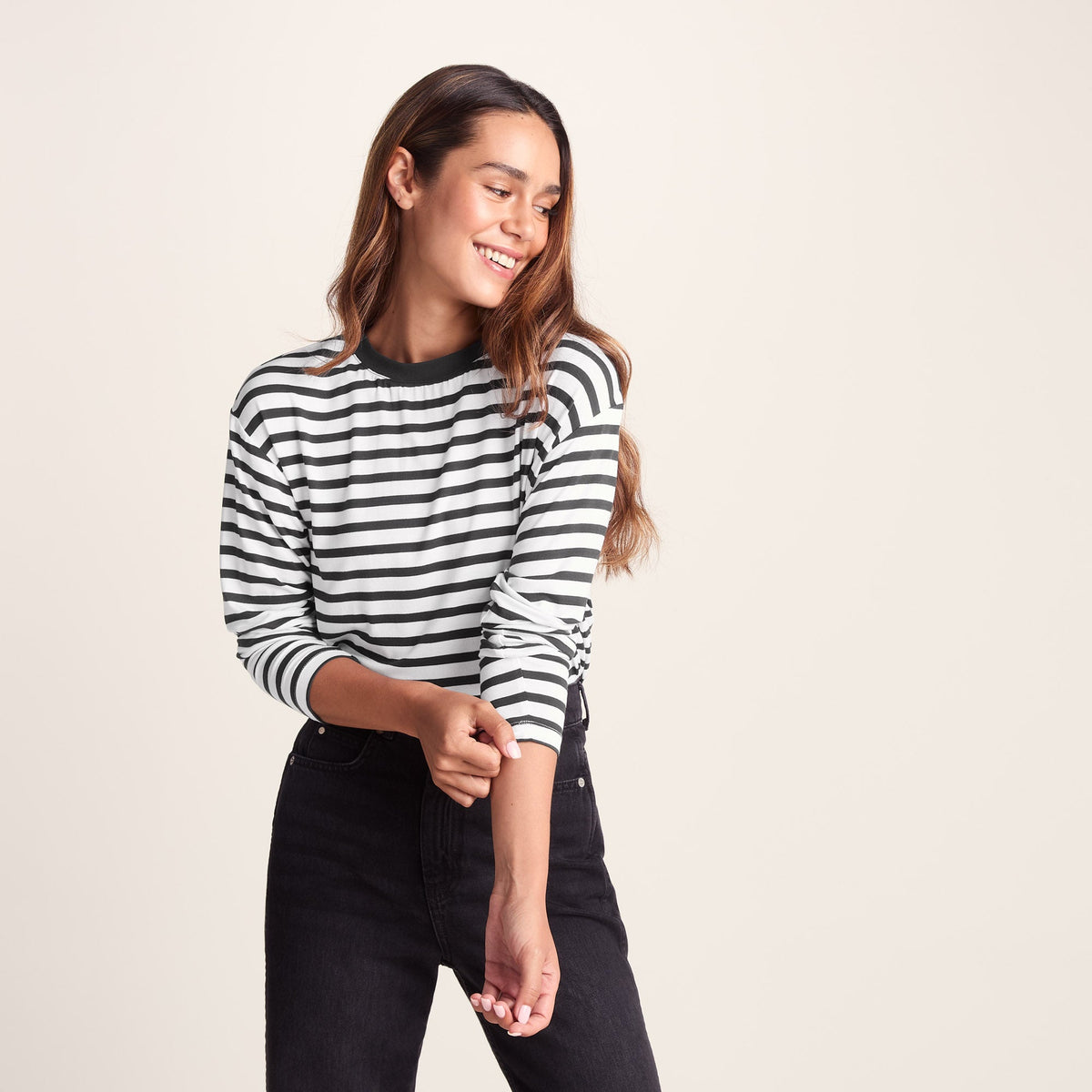 Kitty Womens Long Sleeve Striped T-Shirt - Washed Black Stripe - Image 4