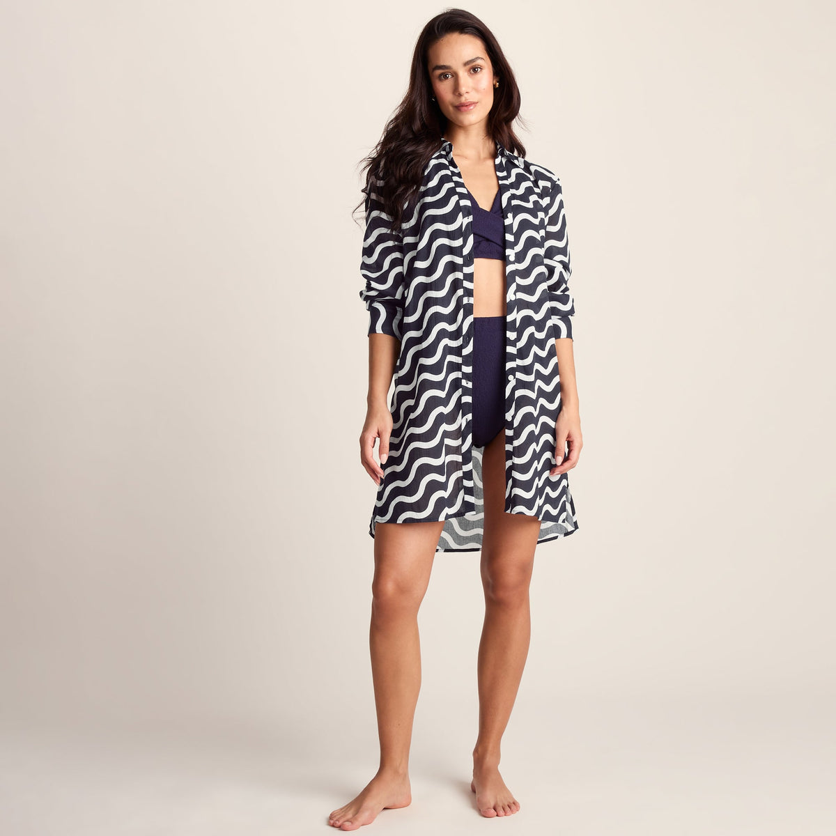 Kylie Womens Long Sleeve 100% Cotton Supersoft Shirt - Oxford Blue Wave Print - Image 2