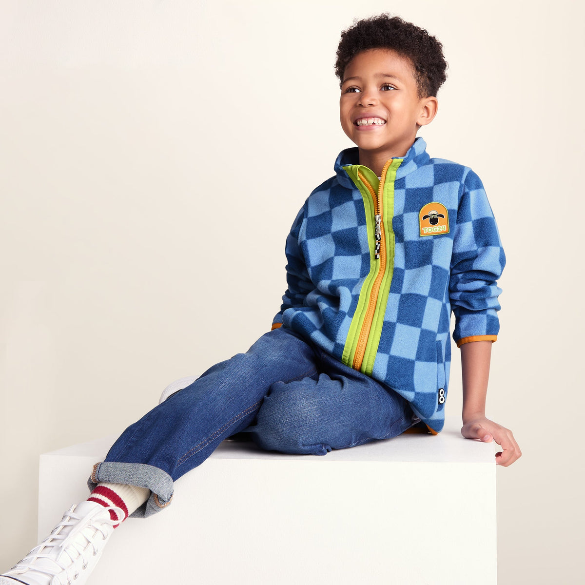 Lacaune Kids Shaun the Sheep Fleece Zip Jacket - Bluebell/Night Blue Checkerboard - Image 4