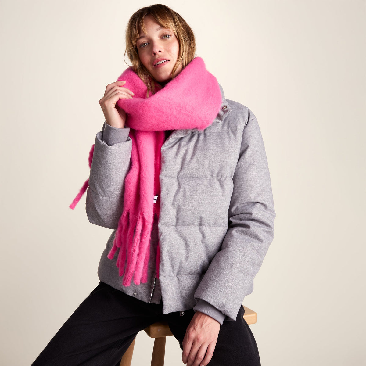 Marlene Heavyweight Brushed Colour Block Blanket Scarf - Rich Pink - Image 2