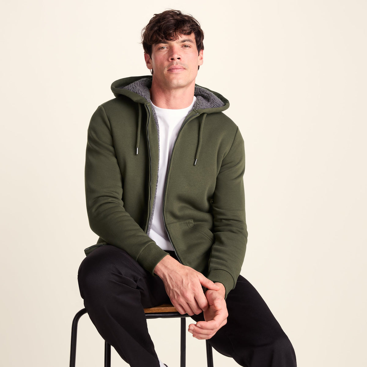 Ramsey Mens Supersoft Sherpa Lined Zip Hoodie - Khaki - Image 4