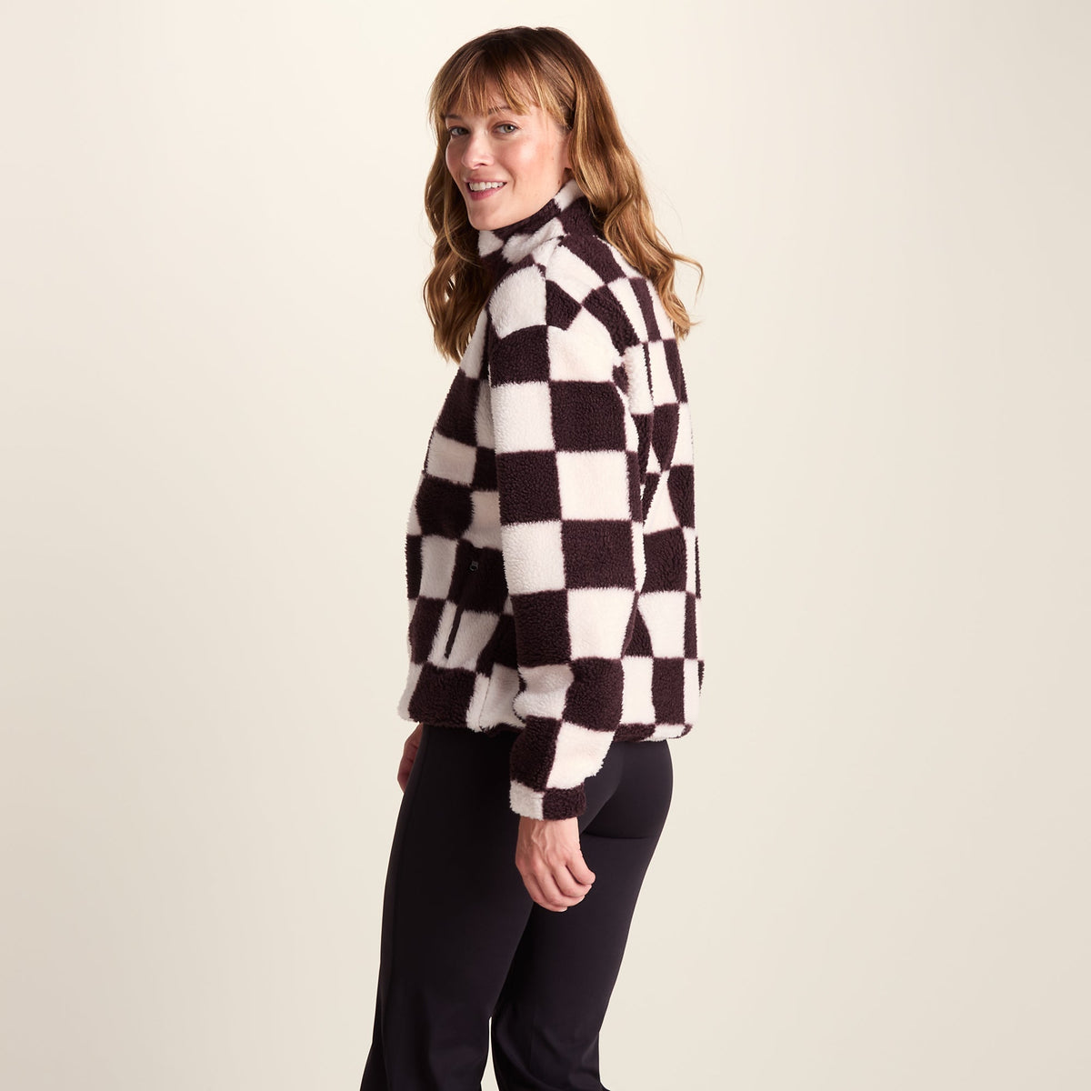 Sara Womens Relaxed Fit Sherpa Fleece Zip Neck - Huckleberry Checkerboard - Image 4