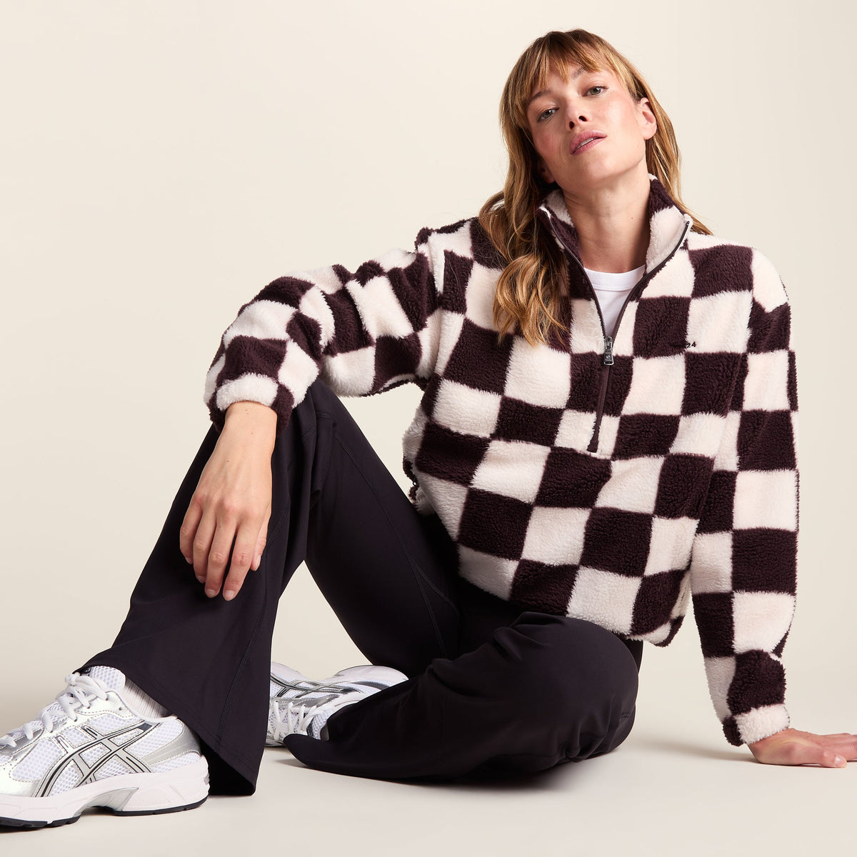 Sara Womens Relaxed Fit Sherpa Fleece Zip Neck - Huckleberry Checkerboard - Image 5