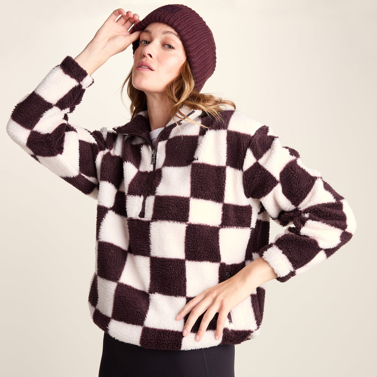Sara Womens Relaxed Fit Sherpa Fleece Zip Neck - Huckleberry Checkerboard - Image 8