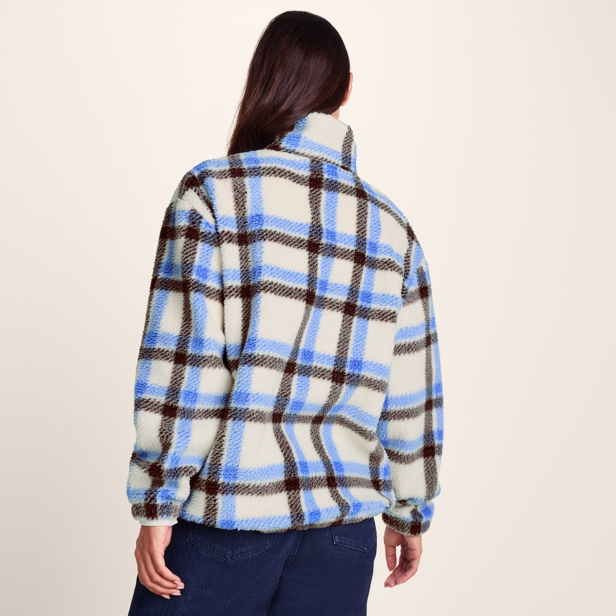 Sara Womens Relaxed Fit Sherpa Fleece Zip Neck - Cobalt & Brown Check - Image 4