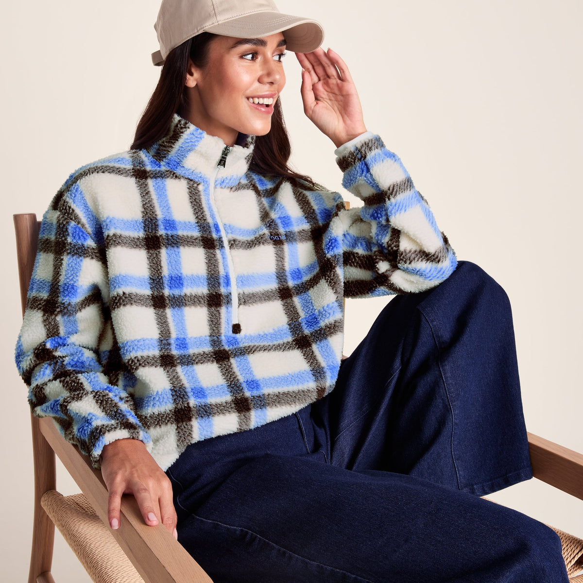 Sara Womens Relaxed Fit Sherpa Fleece Zip Neck - Cobalt & Brown Check - Image 5