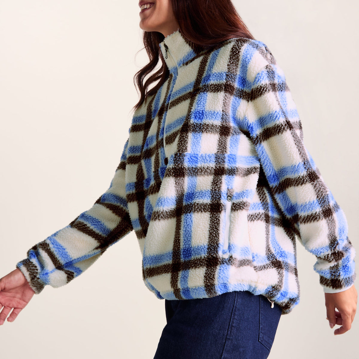 Sara Womens Relaxed Fit Sherpa Fleece Zip Neck - Cobalt & Brown Check - Image 7