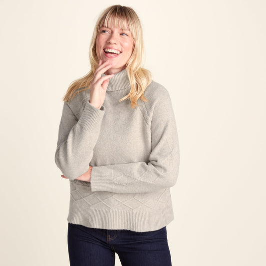 Serena Womens Cable Knit Roll Neck Jumper - Light Beige Melange
