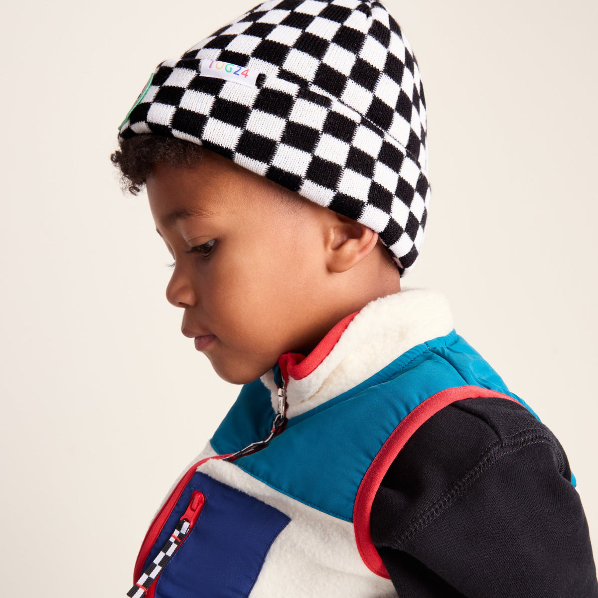 Uda Kids Shaun the Sheep Knit Hat - Black White Checkerboard - Image 2