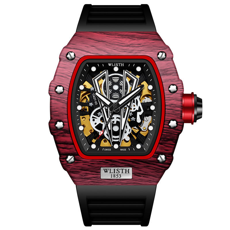 Luxury Self-Winding Stainless Steel Wristwatch - Red shell and black belt