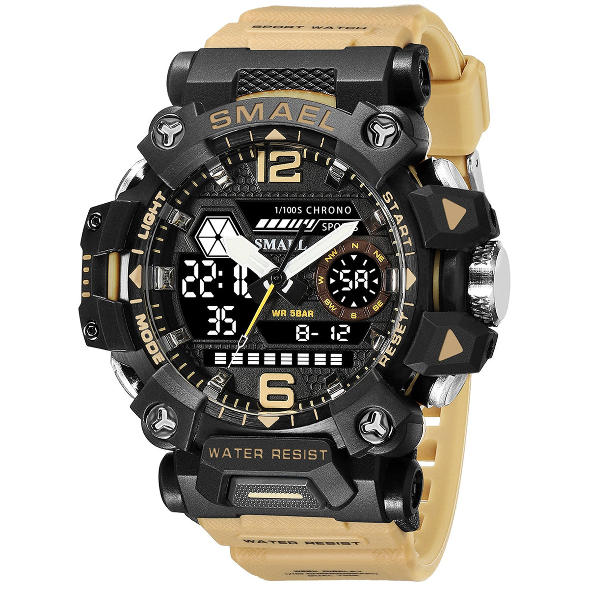 Luminous Waterproof Double Display Electronic Quartz Watch - 8072 Beige