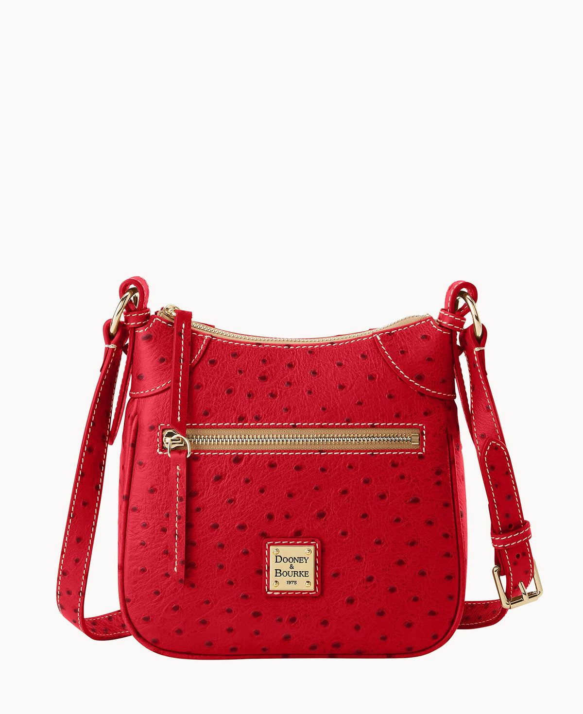 Ostrich Front Zip Crossbody - Crimson