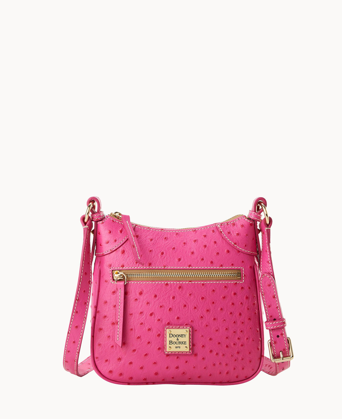 Ostrich Front Zip Crossbody - Fuchsia