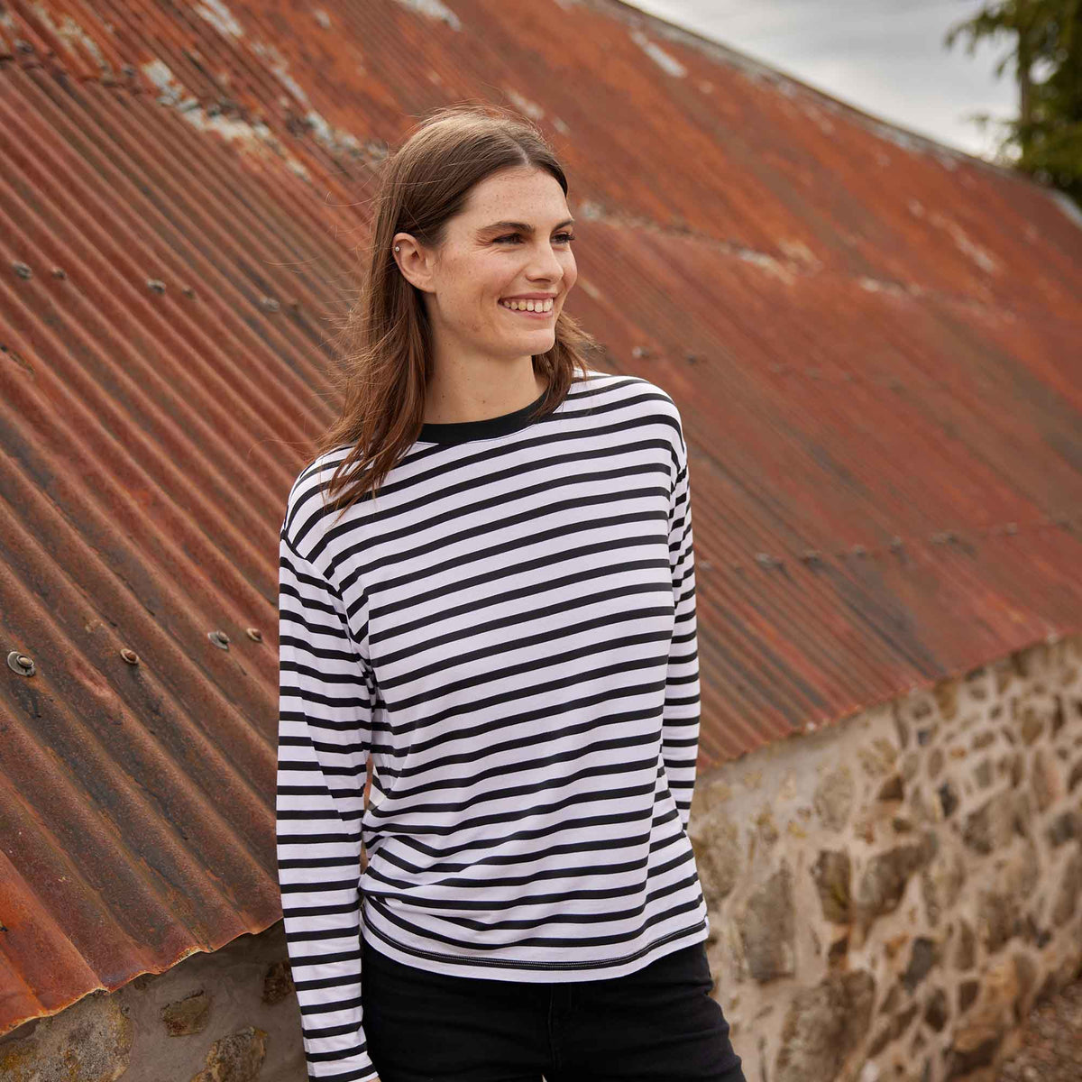 Kitty Womens Long Sleeve Striped T-Shirt - Washed Black Stripe - Image 9