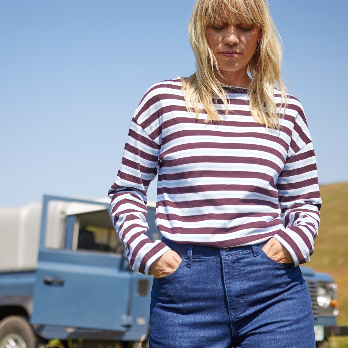 Misty Womens Supersoft Cotton Striped Boat Neck T-Shirt - Huckleberry Stripe - Image 2