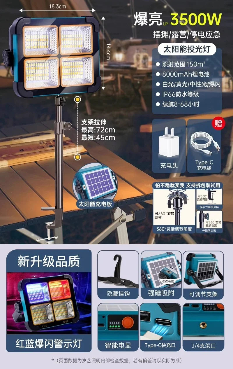 LED Solar Emergency Light - 3500W Upgrade Solar Enhanced +72cm Desk Side Clip Bracket Fan