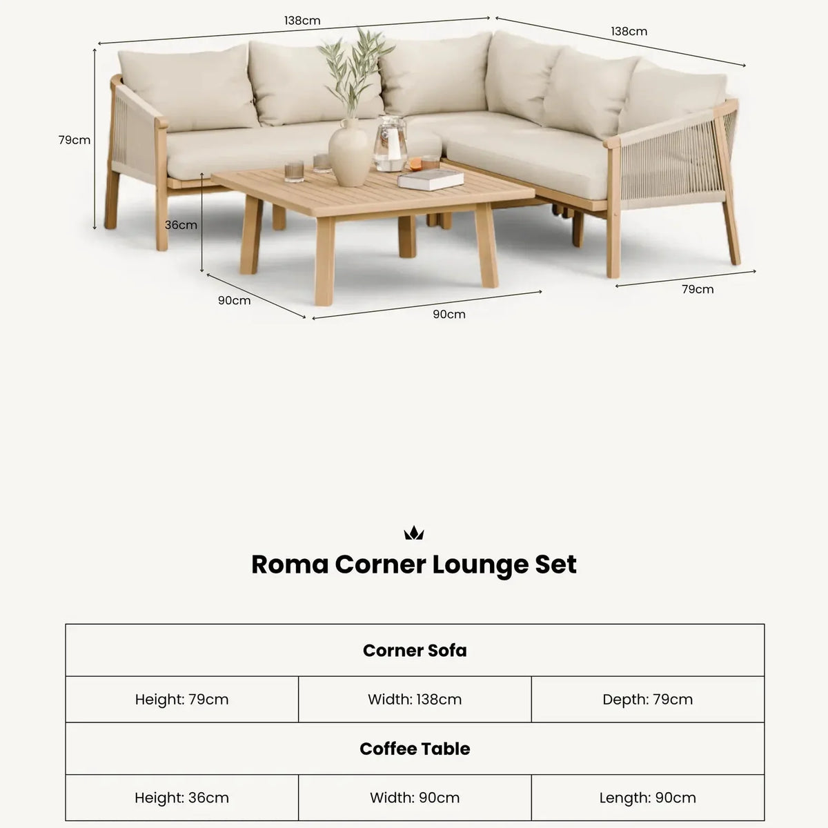 Roma 5 Seater Corner Lounge Set with 90cm Square Coffee Table - Image 2